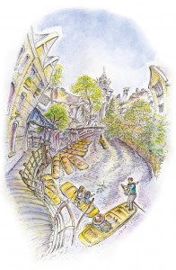Fish-eye distortion of a coloured pen and ink punting scene